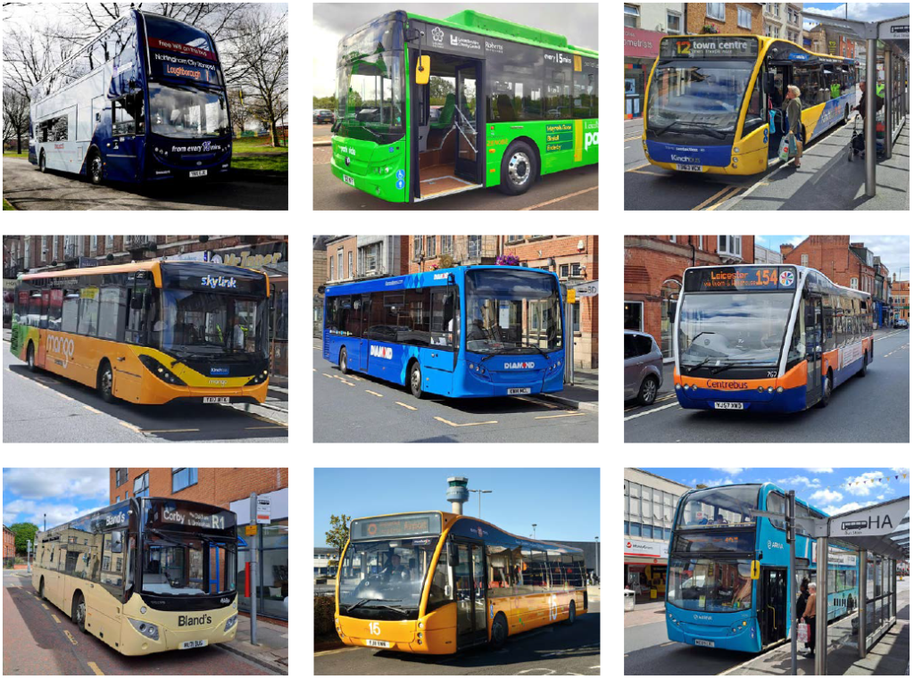 A collage of 9 buses that are part of the Leicestershire enhanced partnership