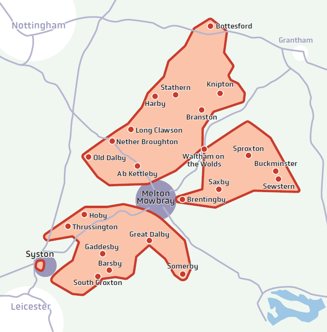 Zone map for Melton FoxConnect. Settlements highlighted are listed in the table below this image.