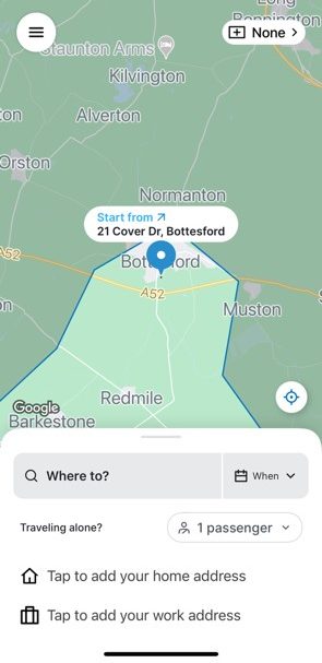 Iphone scrrenshot of Leicestershire FoxConnect app. Showing interactive map with a pinpoint at Bottesford. 