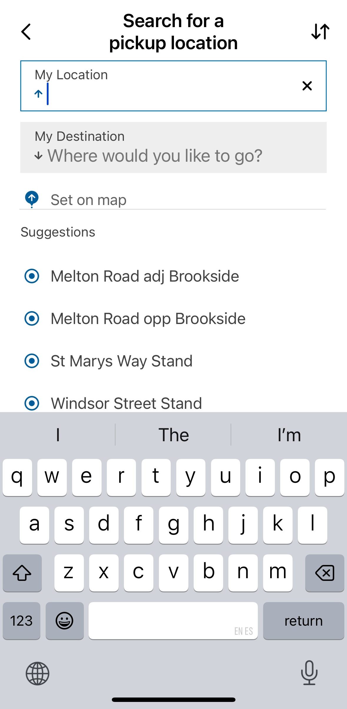 Iphone screenshot of Leicestershire FoxConnect app. Showing the location search bar for pick-up location and destination. 