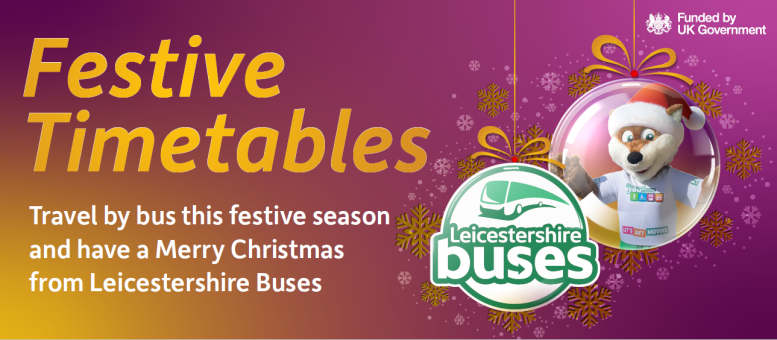 Festive timetables graphic with theo the fox and the Leicestershire buses logo in baubles